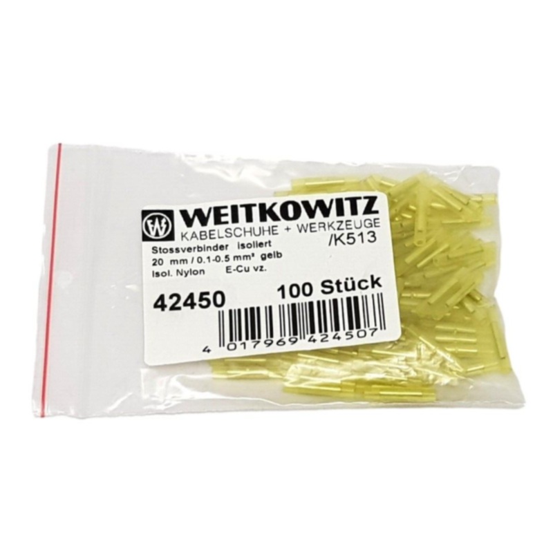 100 x 20mm/ 0.1- 0.5 Straight Butt Connectors Crimp Terminals Nylon Insulated Gold
