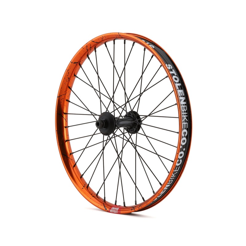20" RAMPAGE PRO STREET FRONT FEMALE AXLE WHEEL, ORANGE / BLACK SPLATTER